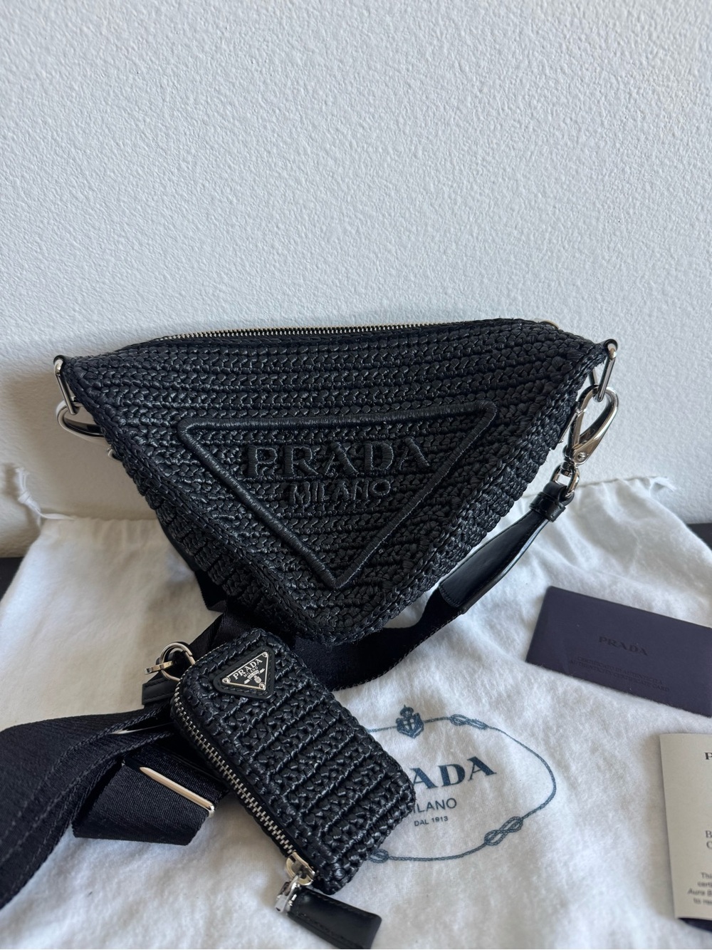 Authentic Prada Bag - Black Woven Triangle Crossbody with Mini Pouch